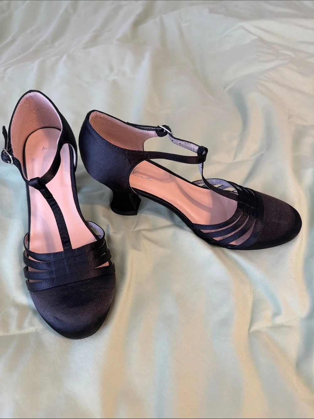 Ellie Black Satin T-Strap Dance Shoes